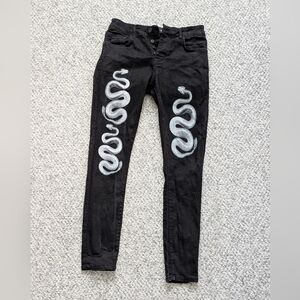 Unisex (Sz 31)Black Denim Slim/Skinny Jeans w/Serpant Snake Design & Button Fly
